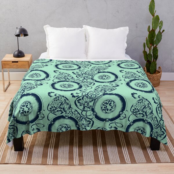 Item preview, Mint & Sailor Blue Japanese Textile Pattern - Flowers and Drums Tsuzuni designed and sold by Vintage-TM.