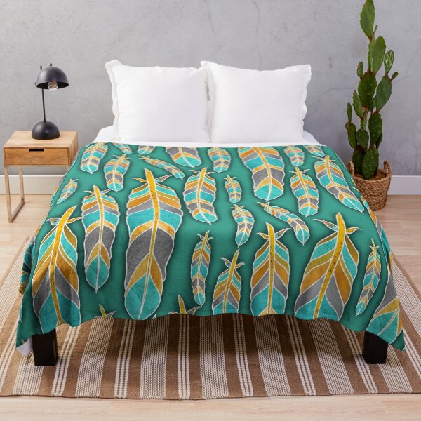 Item preview, Colorful Gold and turquoise texture feather pattern with turquoise background designed and sold by CiniArt.