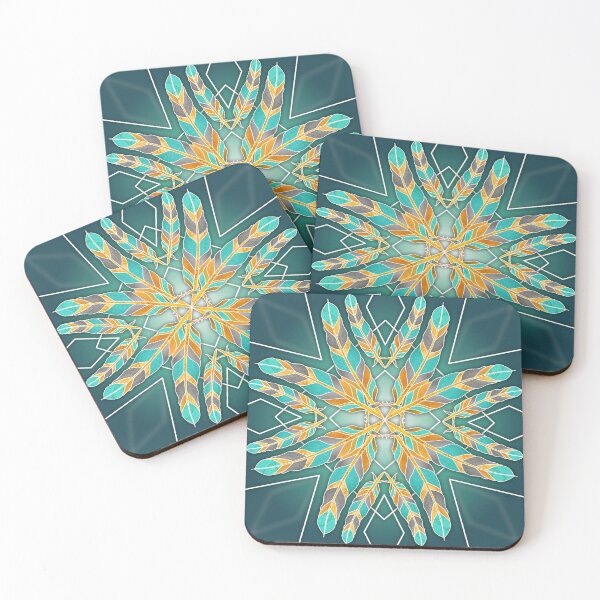 Item preview, Symmetrical golden and turquoise feathers with gradient turquoise and blue background and white geometric diamond shapes designed and sold by CiniArt.
