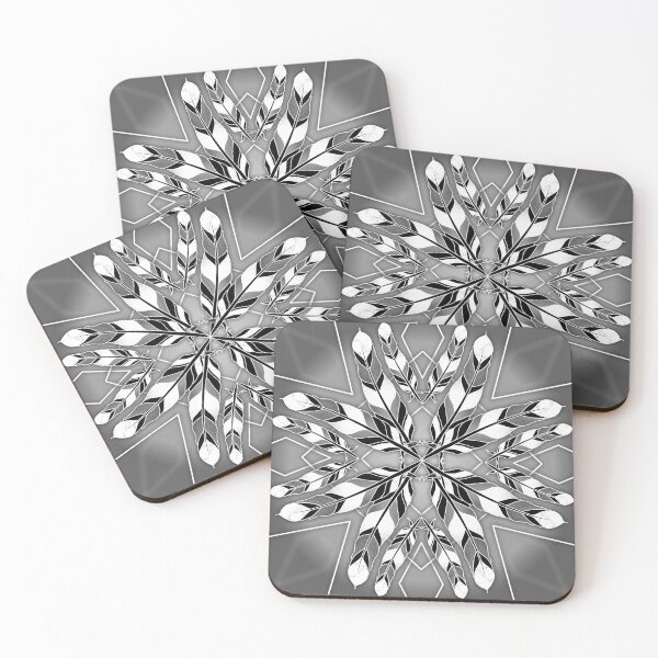 Item preview, Symmetrical black and white feathers with contrasting black background white geometric diamond shapes designed and sold by CiniArt.