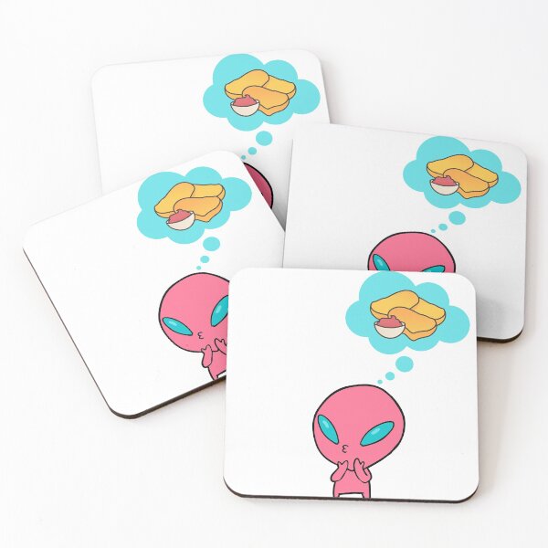 Item preview, Cute Pink Tiny Alien With Large Blue Eyes Thinking About Chickie Nuggets With Ketchup designed and sold by Black11Flamingo.