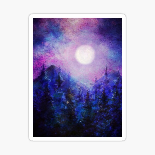 Digital watercolor: full moon on purple, blue and pink forest Sticker
