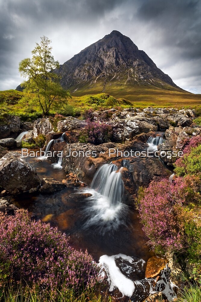 "Buachaille Etive Mor and Waterfall Glen Etive Scotland." by Barbara R Jones PhotosEcosse