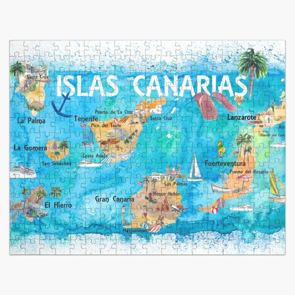 Vista previa del artículo con la obra «Mapa de viaje ilustrado de las Islas Canarias con Tenerife, Gran Canaria, Lanzarote, Fuerteventura La Palma Gomera y Hierro», diseñado y vendido por artshop77.