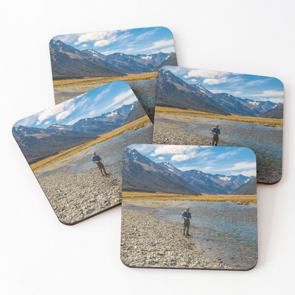 Item preview, An Angler fly fishing for trout on the Ahuriri river, surrounded by mountains designed and sold by SnapTPhotograph.