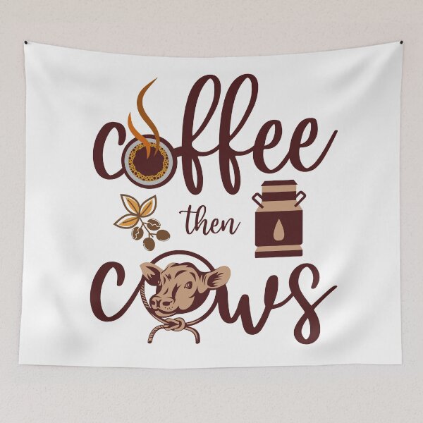Item preview, Coffee then Cows | Coffee cup, coffee beans, milk can and cow | Also available in white lettering for dark backgrounds designed and sold by InkItStudio.