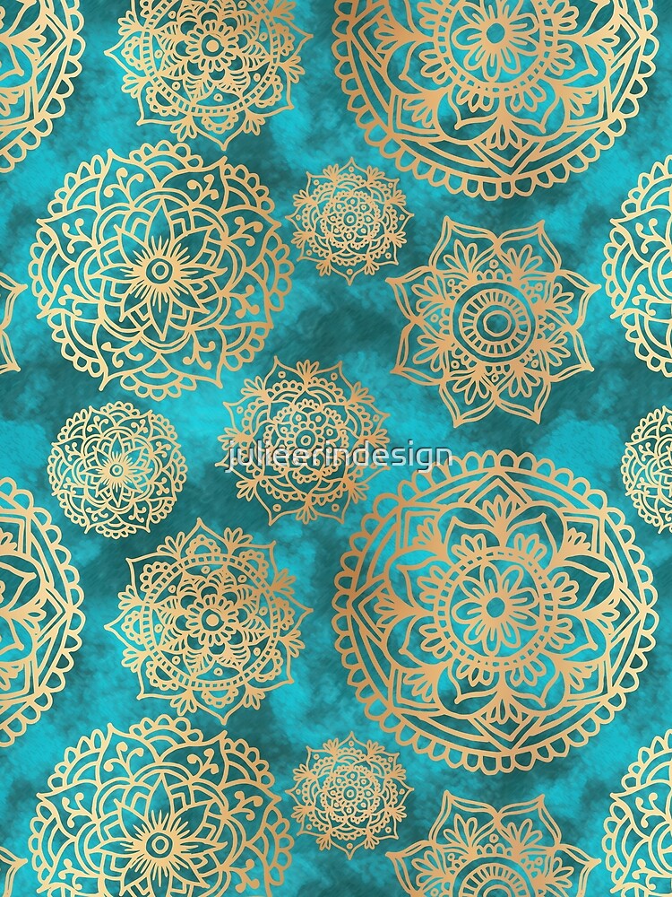 Thumbnail 3 of 3, Scarf, Light Blue and Gold Mandala Pattern designed and sold by julieerindesign.