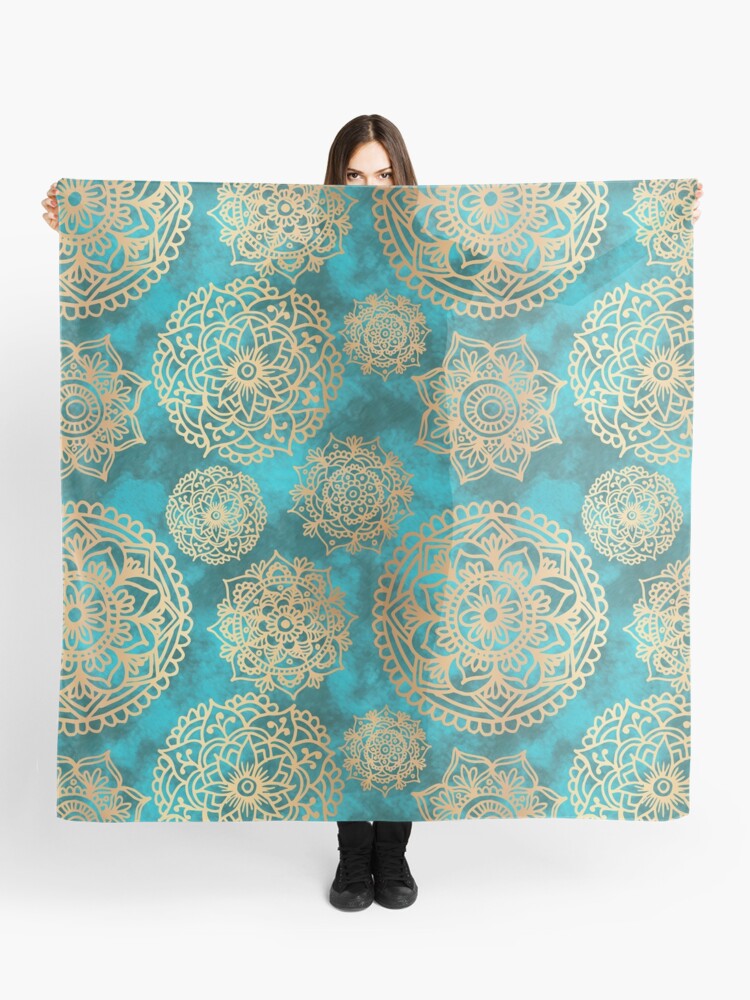 Thumbnail 1 of 3, Scarf, Light Blue and Gold Mandala Pattern designed and sold by julieerindesign.