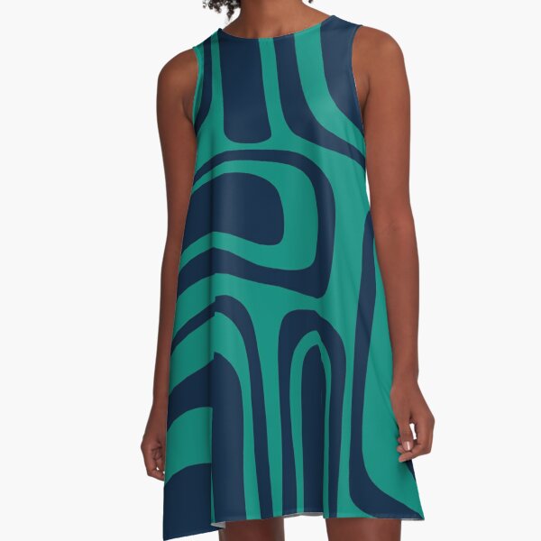 Palm Springs Retro Midcentury Modern Abstract Pattern in Mid Mod Navy Blue and Turquoise Teal A-Line Dress