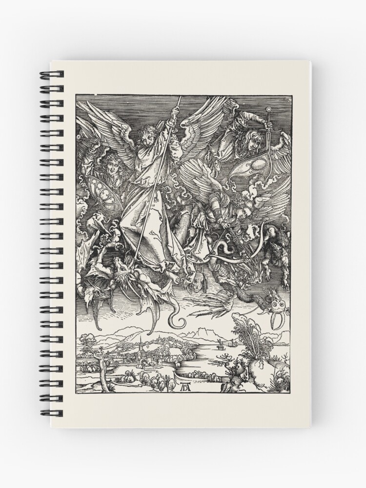 Saint-Michael Fighting the Dragon from The Apocalyps Ink Medieval Fine Art  Vintage paper Albrecht Dürer HD High Quality | Spiral Notebook