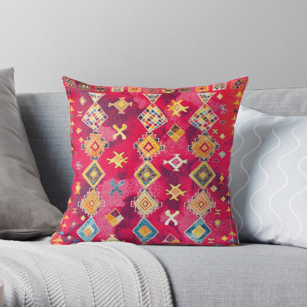 Pink Oriental Bohemian Traditional Moroccan Style Artwork Throw Pillow