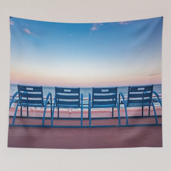 Item preview, Blue chairs in Nice France, sunset on Promenade des Anglais designed and sold by SvetlanaSF.