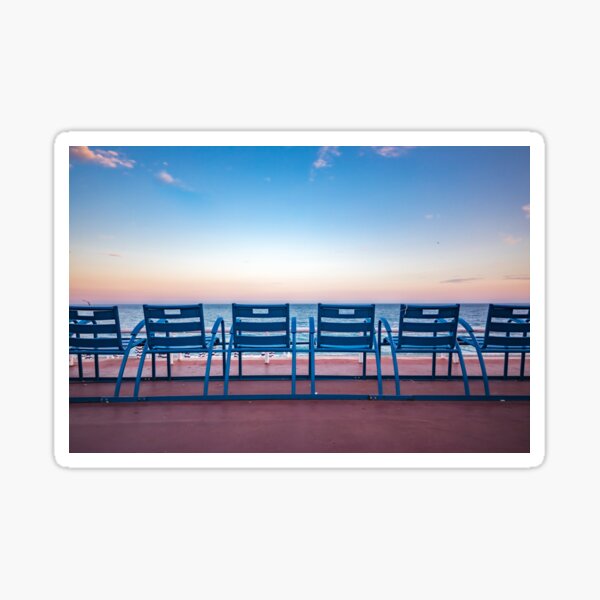 Item preview, Blue chairs in Nice France, sunset on Promenade des Anglais designed and sold by SvetlanaSF.