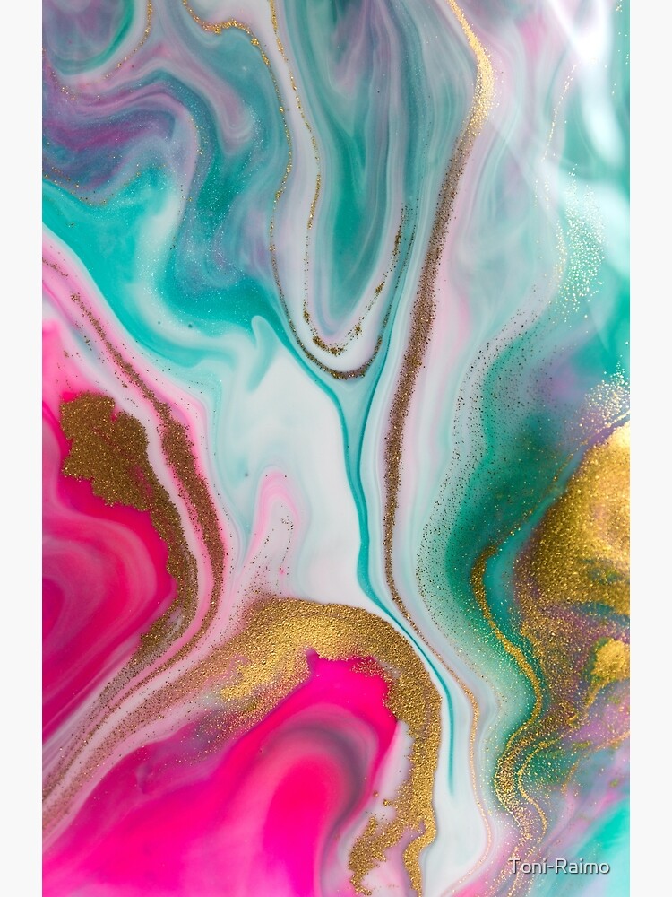 "Pink, gold, green mixed liquid colors inks. White paper background