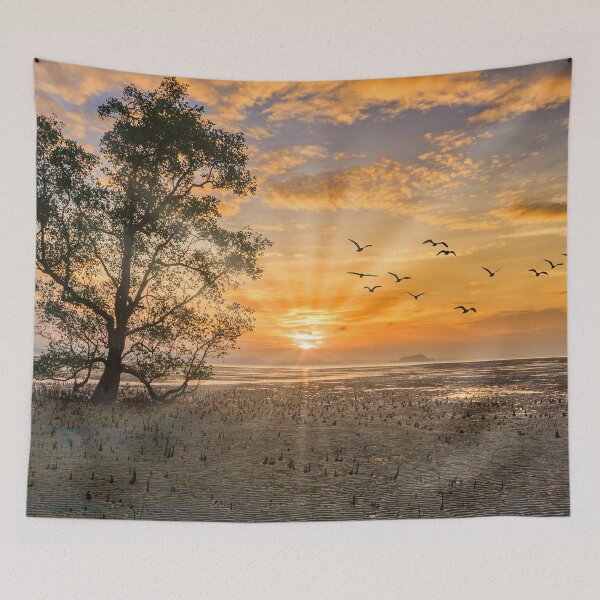 Item preview, Sunrise with sunrays and flock of birds at sunrise designed and sold by Kevin Hellon.