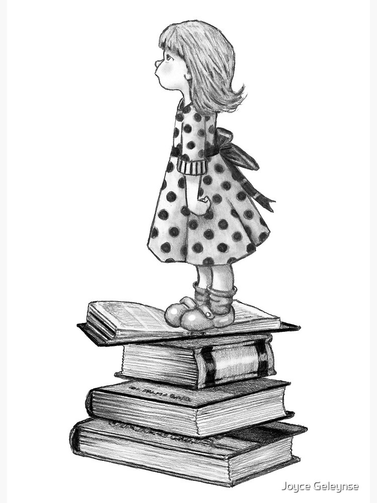 Cute Little Girl Standing on Stack of Books Pencil Drawing Art Board Print  for Sale by Joyce Geleynse