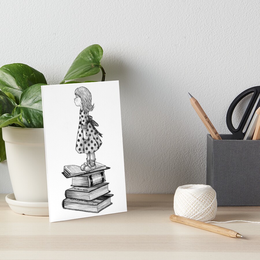 Cute Little Girl Standing on Stack of Books Pencil Drawing Spiral Notebook  for Sale by Joyce Geleynse