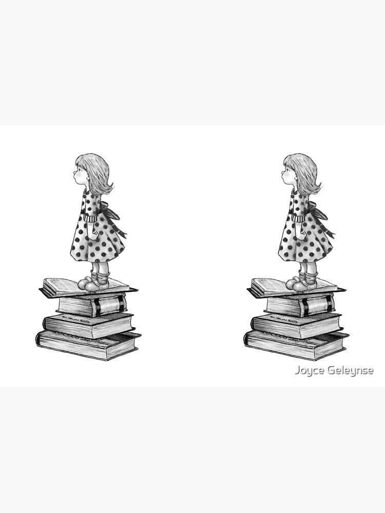 Cute Little Girl Standing on Stack of Books Pencil Drawing | Art Print