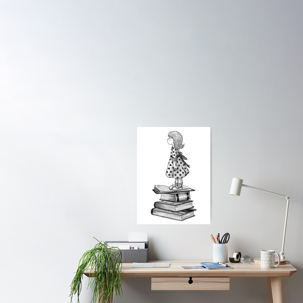 Cute Little Girl Standing on Stack of Books Pencil Drawing | Art Print