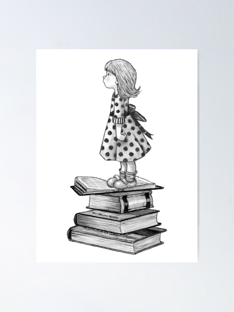 Cute Little Girl Standing on Stack of Books Pencil Drawing Poster