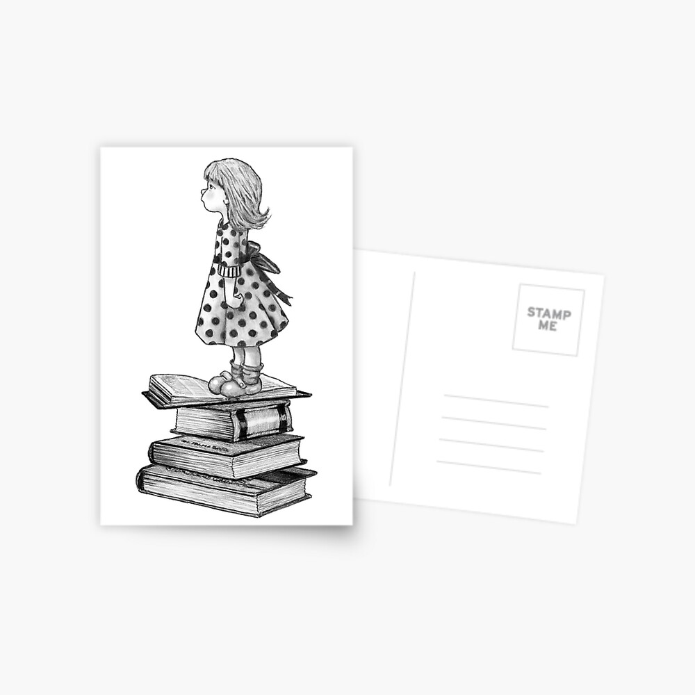 Cute Little Girl Standing on Stack of Books Pencil Drawing | Art Print