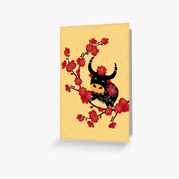 Retro Chinese New Year of Ox and Plum Blossom Greeting Card