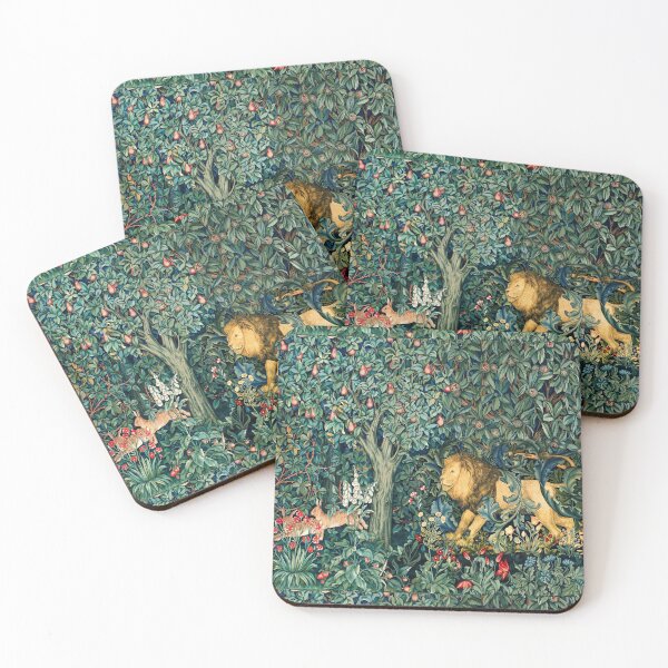 GREENERY, FOREST ANIMALS Lion and Hares Blue Green Floral Tapestry Coasters (Set of 4)