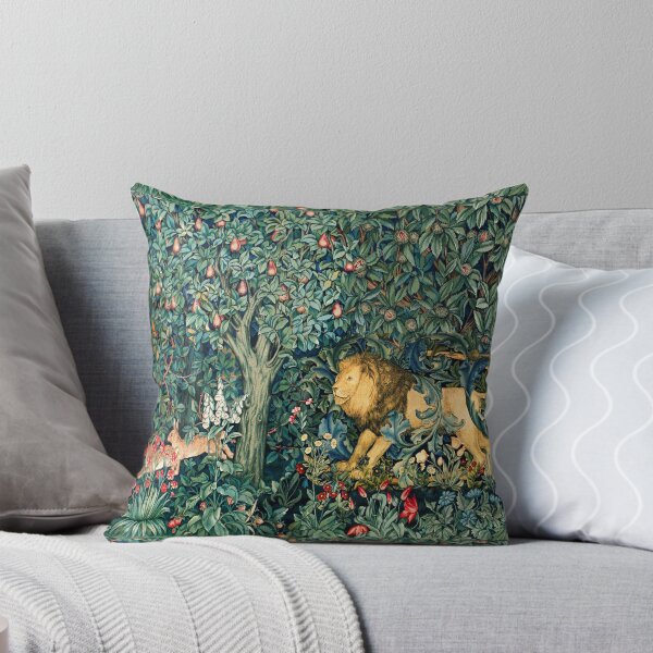 Aperçu de l'œuvre VERDURE, ANIMAUX DE LA FORÊT Tapisserie florale bleu-vert Lion et lièvres créée et vendue par BulganLumini.