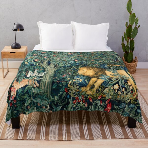 Item preview, GREENERY, FOREST ANIMALS Lion and Hares Blue Green Floral Tapestry designed and sold by BulganLumini.