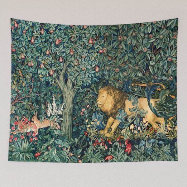 Item preview, GREENERY, FOREST ANIMALS Lion and Hares Blue Green Floral Tapestry designed and sold by BulganLumini.
