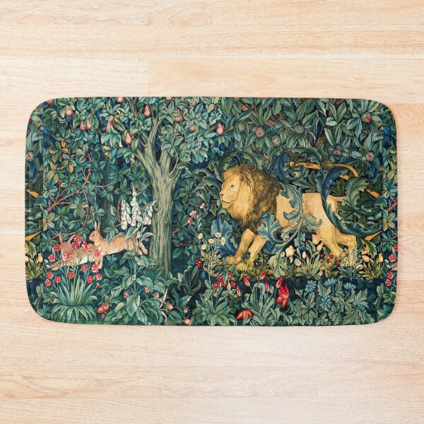 Item preview, GREENERY, FOREST ANIMALS Lion and Hares Blue Green Floral Tapestry designed and sold by BulganLumini.