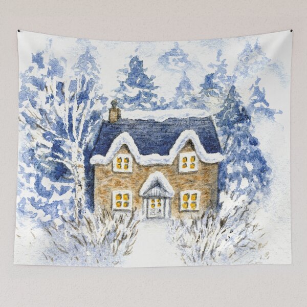Item preview, Watercolor Cottage Among Snowy Spruces - Winter Countryside  designed and sold by AlicjaCurioseur.