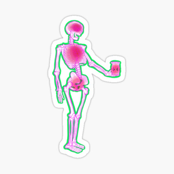 Neon Glow Pink Engraving Style Memento Mori Skeleton and Hourglass Sticker