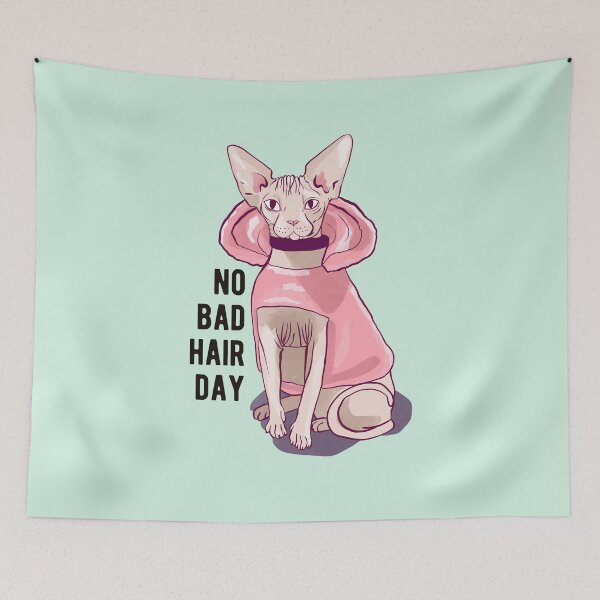 Item preview, Never a bad hair day - Hairless Sphynx Cat wearing a Fluffy Pink Hoodie - Funny Animal Quote - Line Drawing Wrinkly Kitty - Illuminating Yellow designed and sold by AnanasArt.