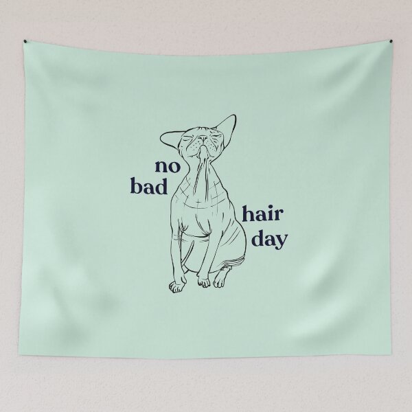Item preview, Never a bad hair day - Chubby Hairless Sphynx Cat - Funny Quote - Line Drawing Wrinkly Kitty - Blush Pink - Illuminating Yellow designed and sold by AnanasArt.