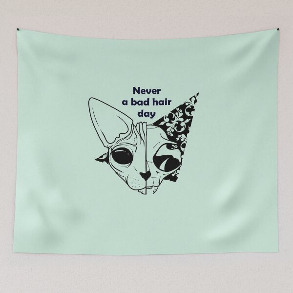 Item preview, Never a bad hair day - Hairless Sphynx Cat Skull - Funny Quote - Line Drawing Wrinkly Kitty - Blush Pink - Illuminating Yellow designed and sold by AnanasArt.