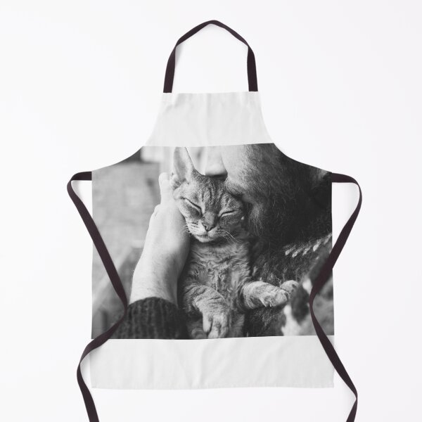 Item preview, Beard man kissing and cuddling Devon Rex cat. Black and white photo designed and sold by igvee.