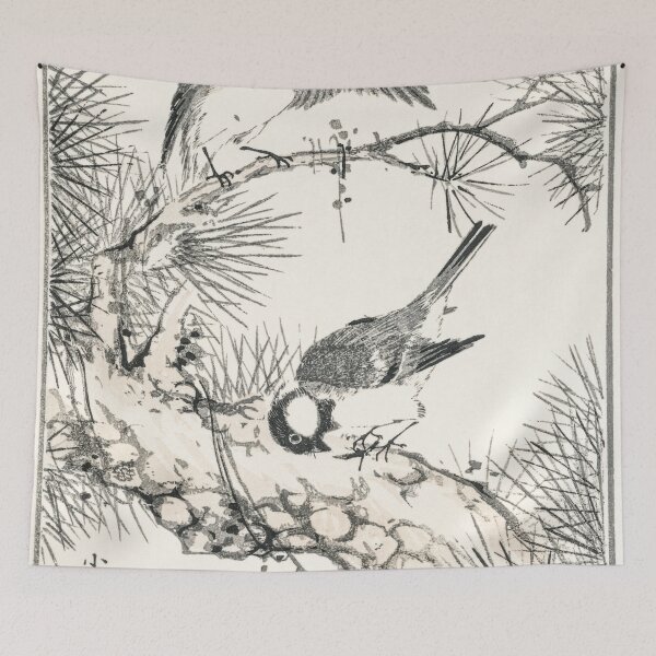 Item preview, japanese willow tit and pine tree illustration 43380644541 designed and sold by Bird-Lore.