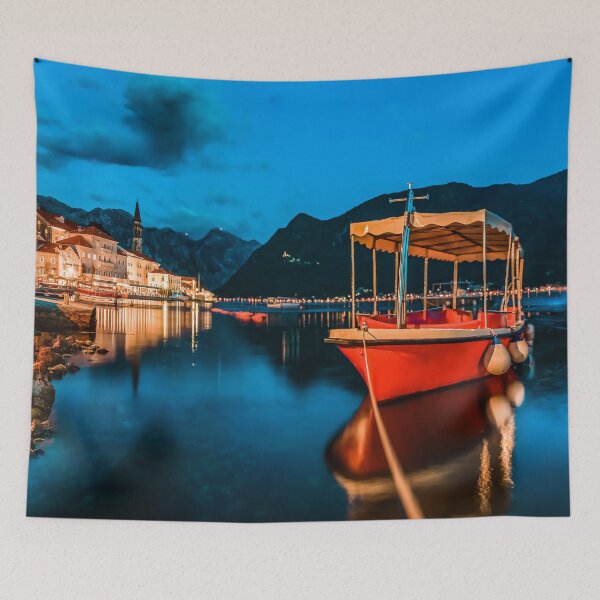 Item preview, Sunset in Kotor Bay, postcard-perfect town of Perast, Montenegro designed and sold by SvetlanaSF.