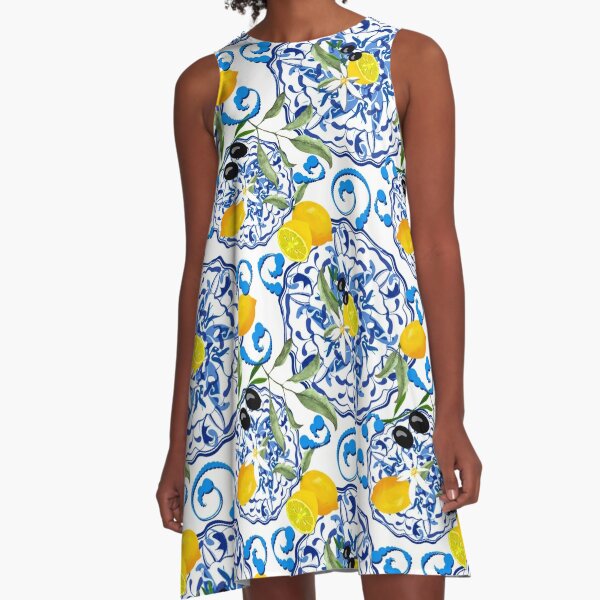 Summer,citrus,mosaic background ,Mediterranean style,lemon fruit pattern  A-Line Dress