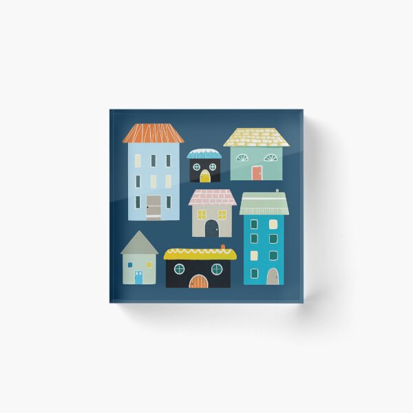 Cute Blue and Yellow House and Home Illustrations Acrylic Block