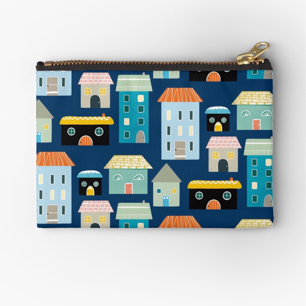 Cute Blue and Yellow House and Home Illustrations Zipper Pouch