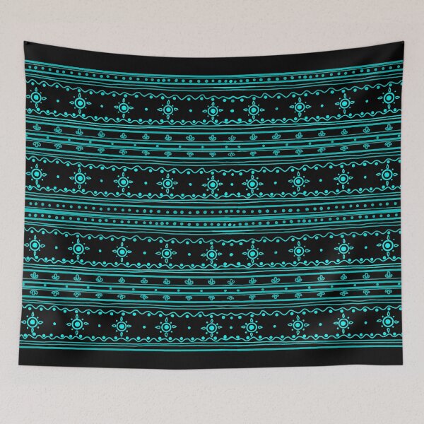 Item preview, Turquoise Flowers Waves and lines Black background designed and sold by EleMcKay.