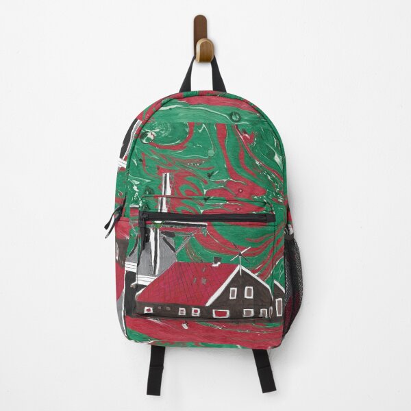 Item preview, Windmill Amsterdam Skyline Green and Red Swirls Background designed and sold by AliCatOriginals.