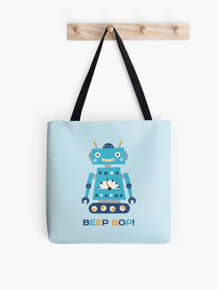 Thumbnail 1 of 2, Tote Bag, Retro robot with text Beep Bop! designed and sold by MheaDesign.