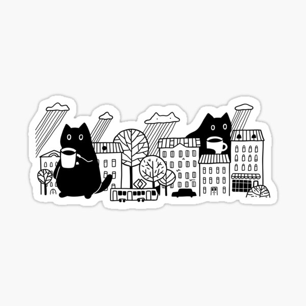 Giant black cat in the city. Cartoon pet illustration for coffee lovers. Sticker