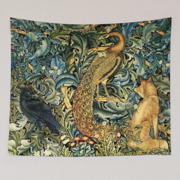 Item preview, GREENERY, FOREST ANIMALS ,RAVEN ,FOX AND PEACOCK Blue Green Floral  designed and sold by BulganLumini.