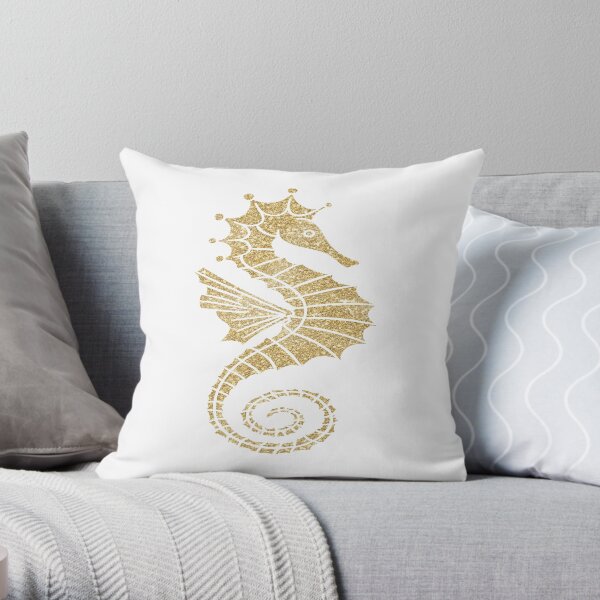 Beach Theme Seahorse Ocean Sea Fish Print Gold Throw Pillow