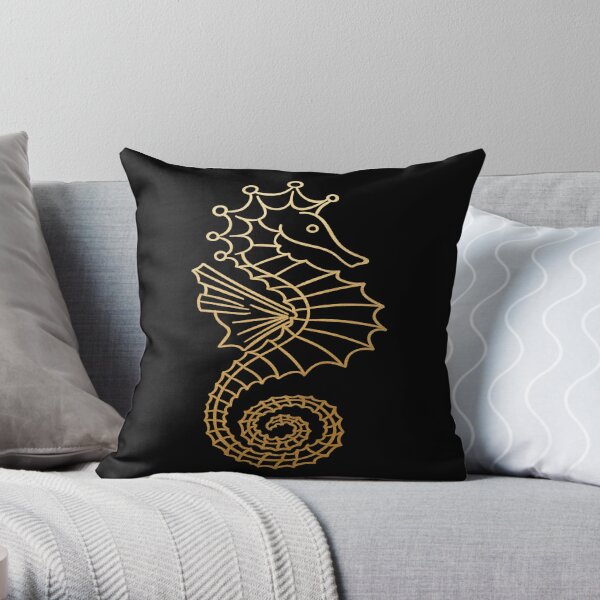 Beach Theme Seahorse Gold Ocean Sea Fish Print Throw Pillow
