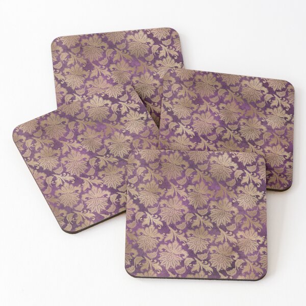 Item preview, Gold flower damask on purple paper designed and sold by AnnieHochmann.